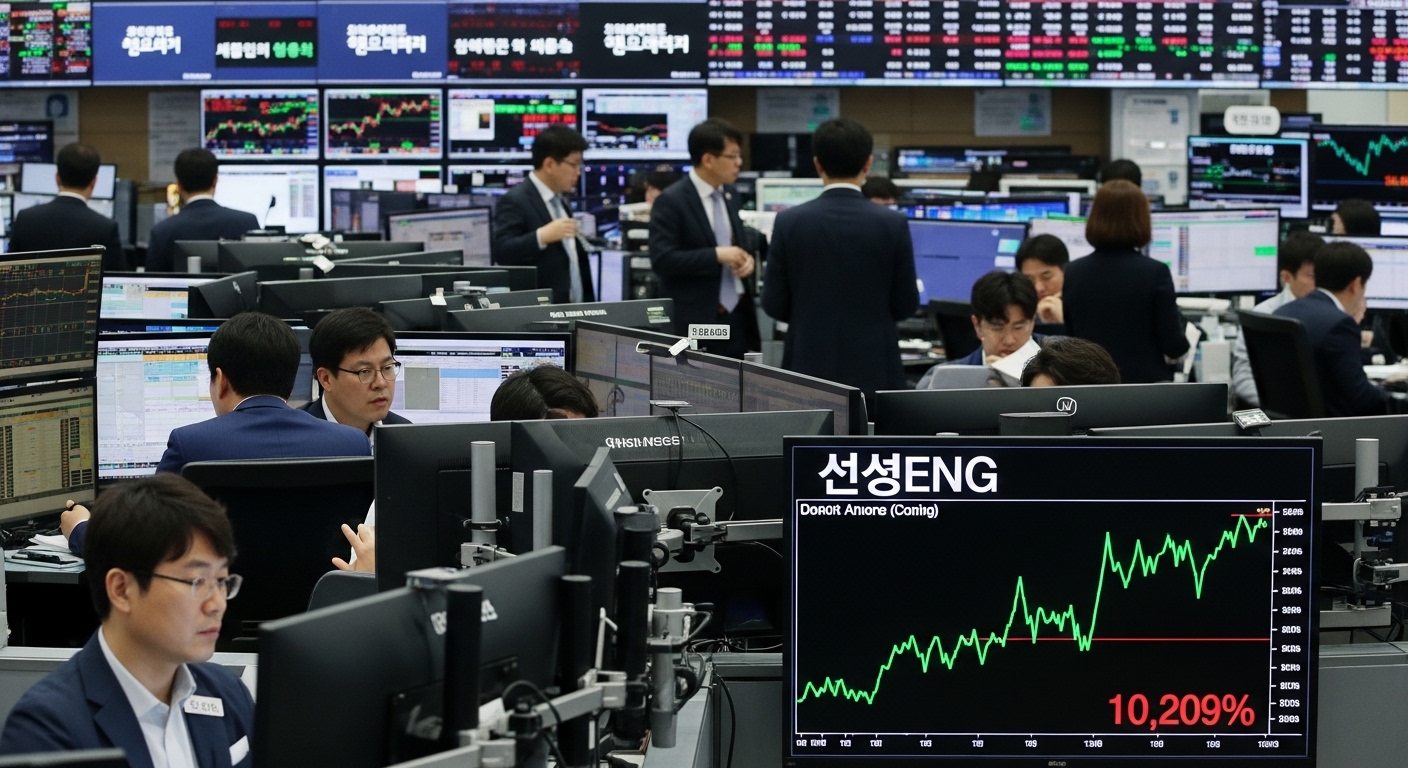한국 증권시장에서 트레이더들이 차트를 분석하며 신성이엔지 주가 상승을 확인하는 장면