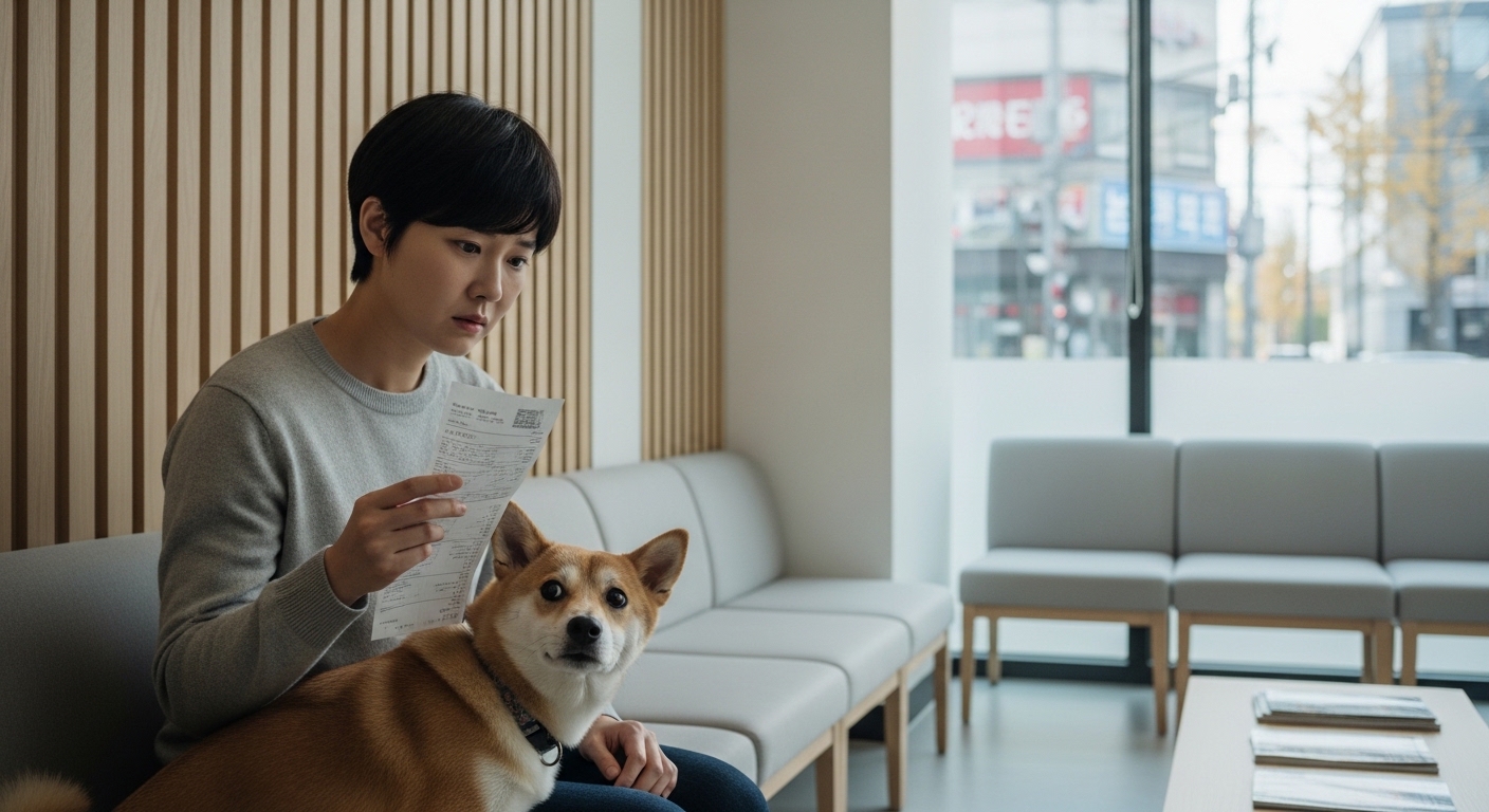 동물병원 대기실에서 진료비 청구서를 들고 걱정스러운 표정을 짓는 보호자 모습