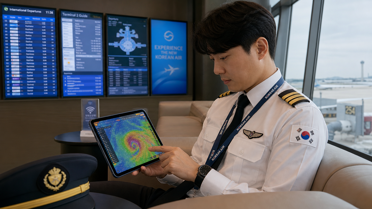 공항 라운지에서 태블릿으로 윈디 앱을 사용 중인 한국인 조종사의 모습