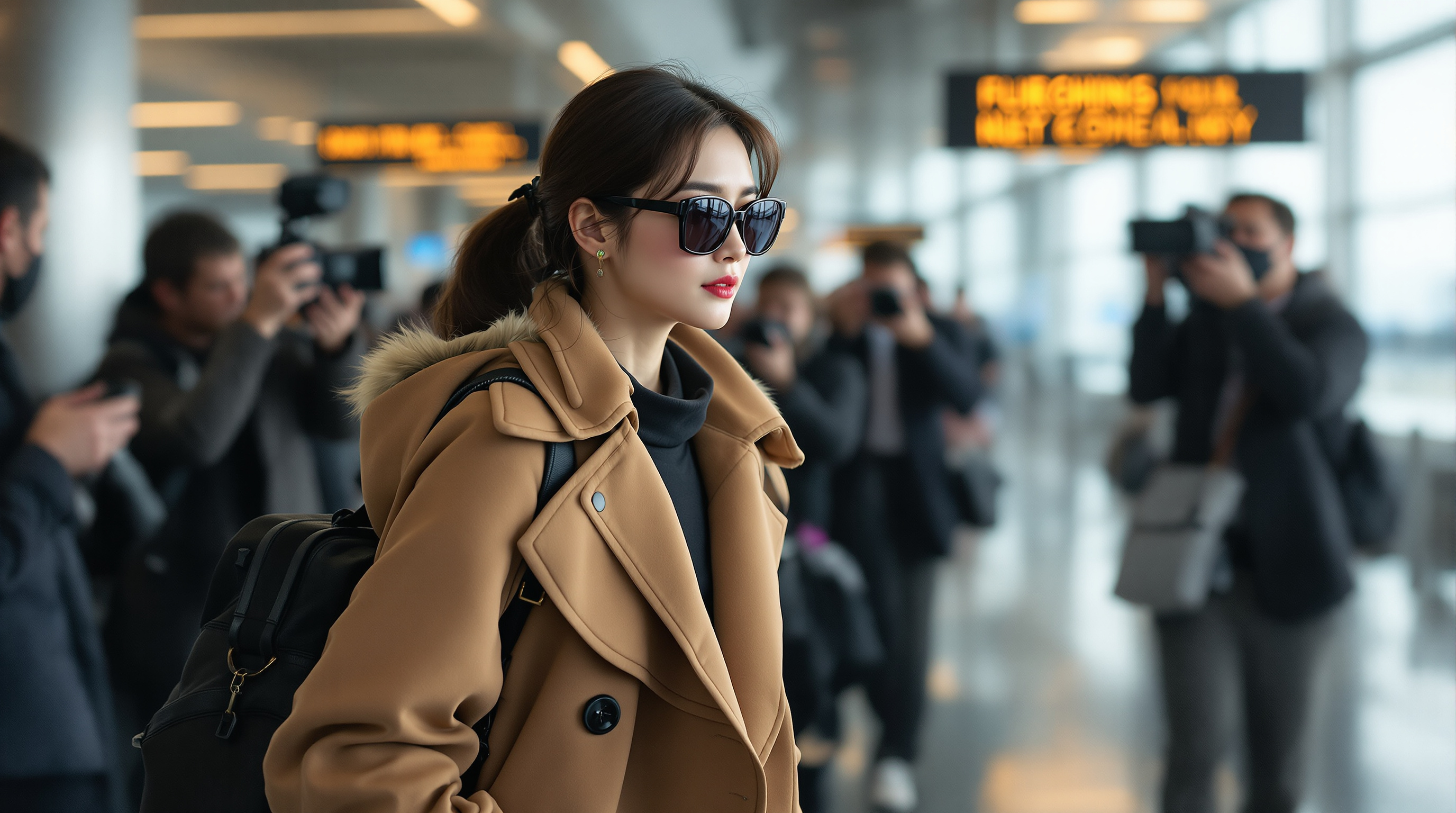 배우가 뉴욕행 비행기 탑승을 준비하며 공항에서 멋진 셔켓과 스타일리시한 옷차림으로 포토그래퍼들에게 둘러싸인 모습