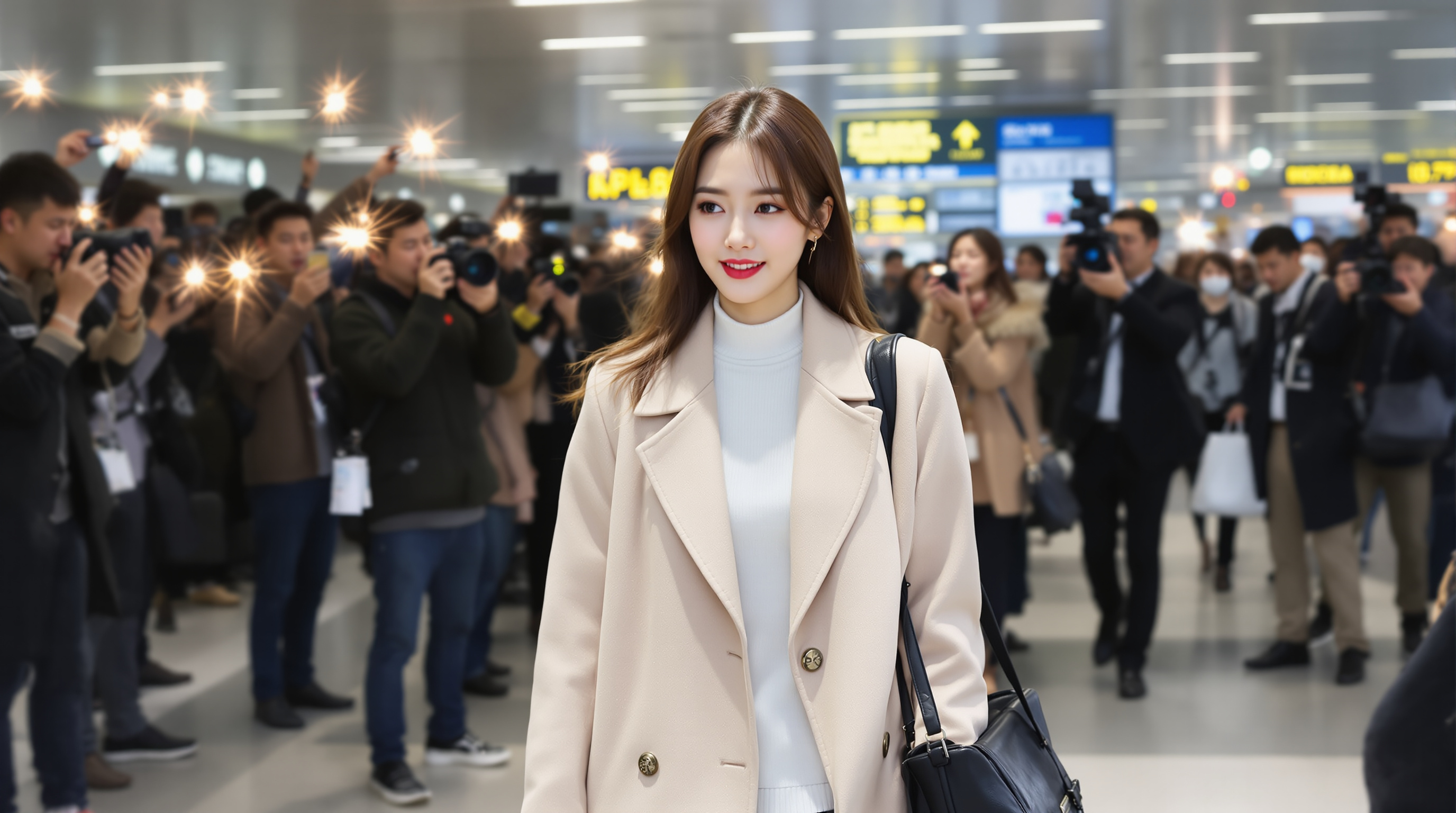 인천국제공항에 도착한 유명 여배우가 뉴욕행 비행기를 위해 세련된 복장을 입고 팬들과 사진기자들 사이에서 주목받는 장면