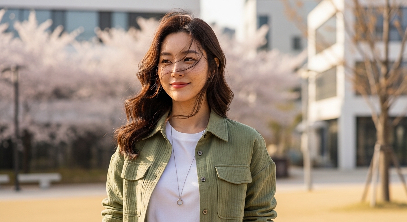 현대적인 한국 여성이 산뜻한 봄날 착용한 셔츠와 재킷의 조화를 이루는 세련된 셔켓을 입고 있는 모습