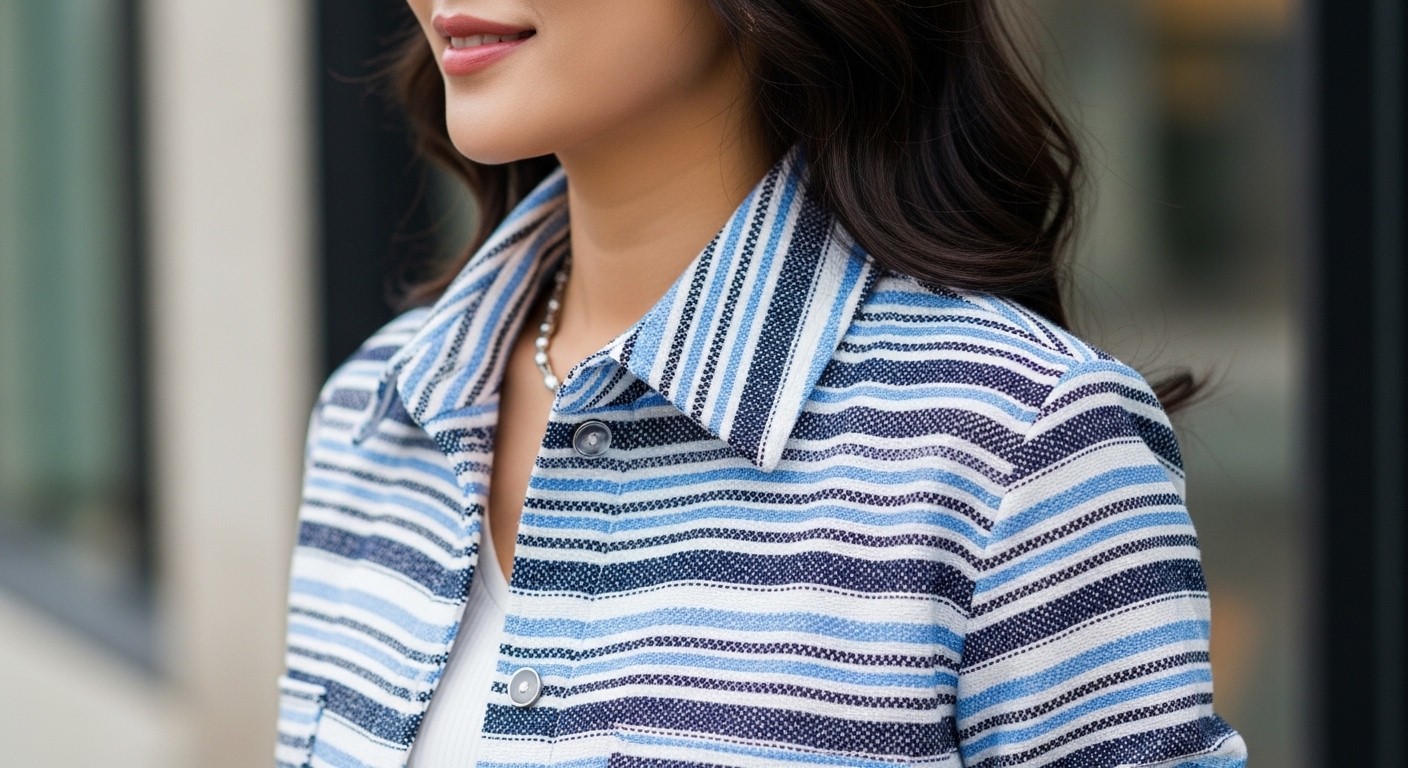 우아하게 청색 줄무늬가 들어간 셔켓을 입은 세련된 한국 여성을 클로즈업으로 보여주는 이미지