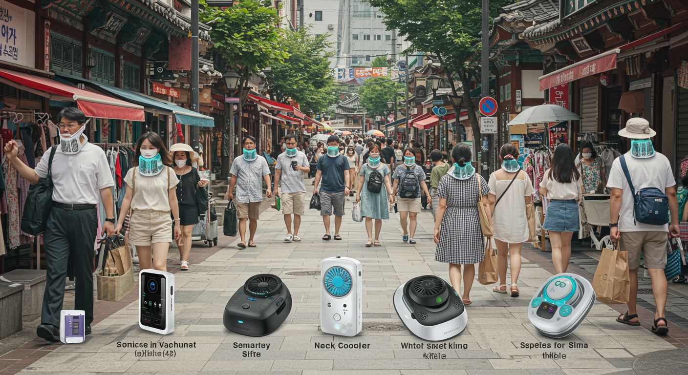 여름 도심에서 다양한 디자인의 최신 넥쿨러를 사용하는 현대적 한국인의 모습