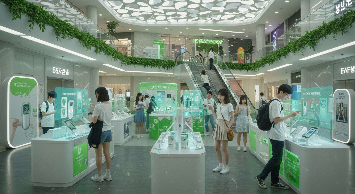 친환경 및 스마트 기능이 추가된 미래형 넥쿨러를 체험하는 현대적 소비자들