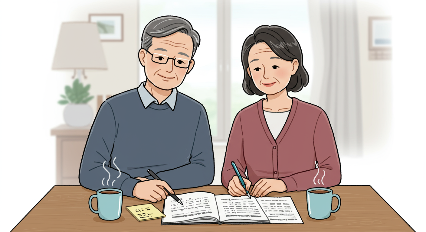 집에서 노후 재정을 계획하는 은퇴한 부부의 모습
