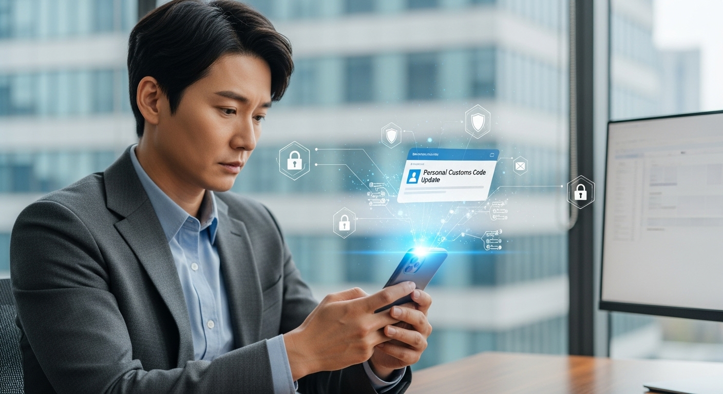 서울의 현대적인 사무실에서 개인통관부호 알림을 확인하는 직장인의 모습, 디지털 보안 상징 포함