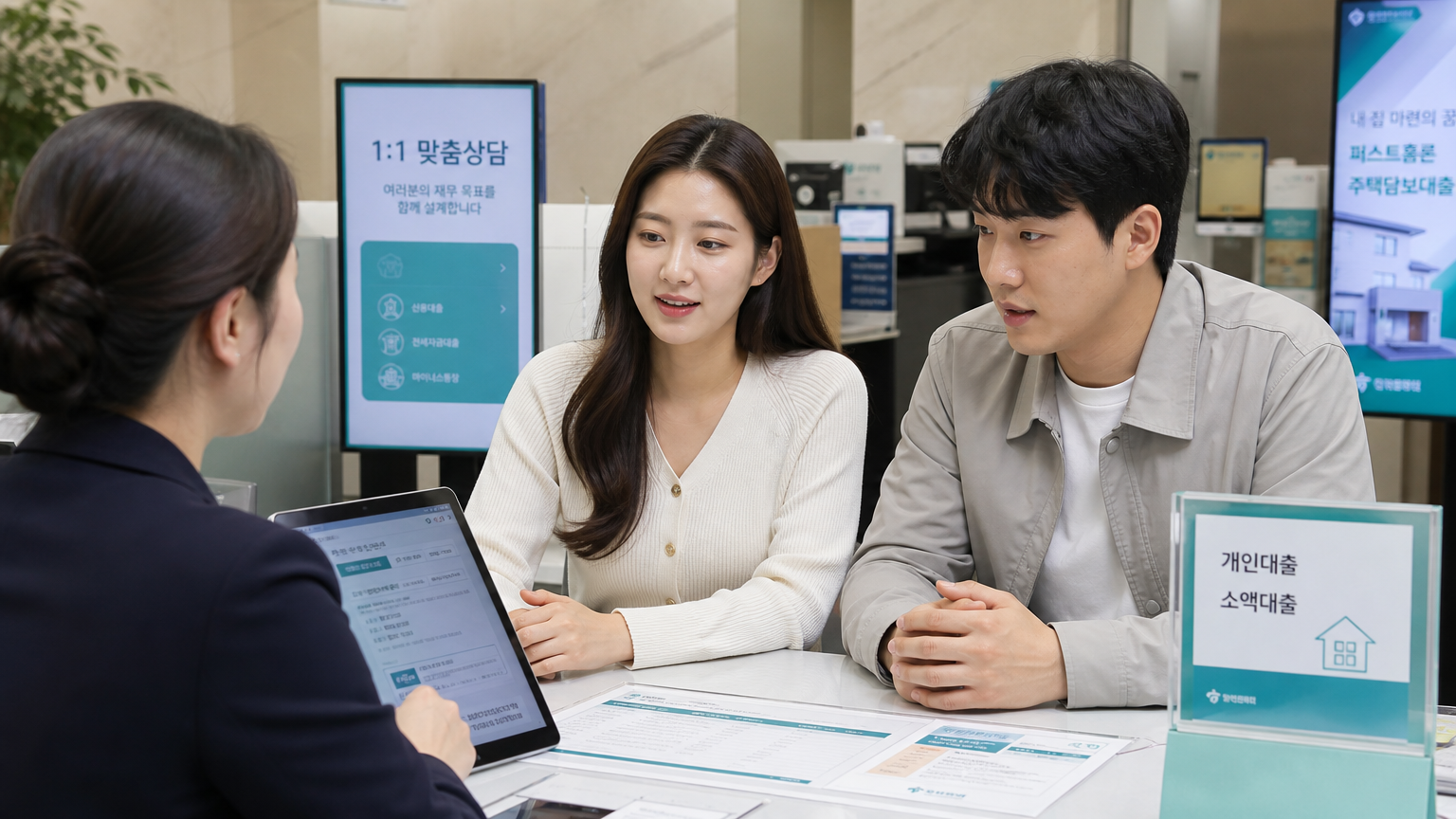 은행 창구에서 금융 상담사와 대출 옵션을 논의하는 커플