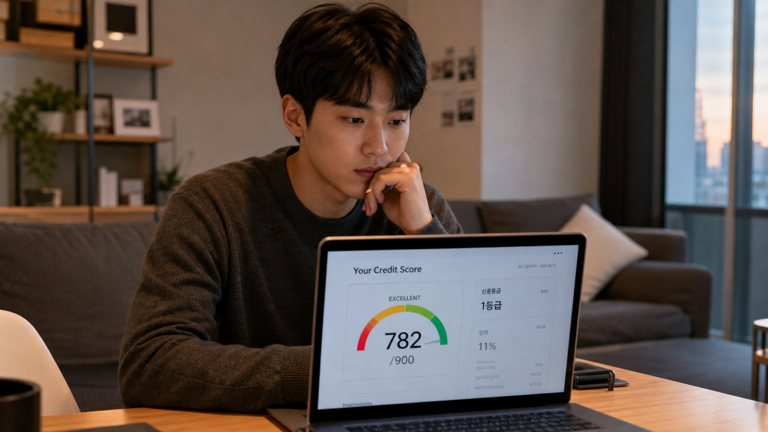 아파트에서 노트북으로 신용 점수를 확인하는 젊은 남성