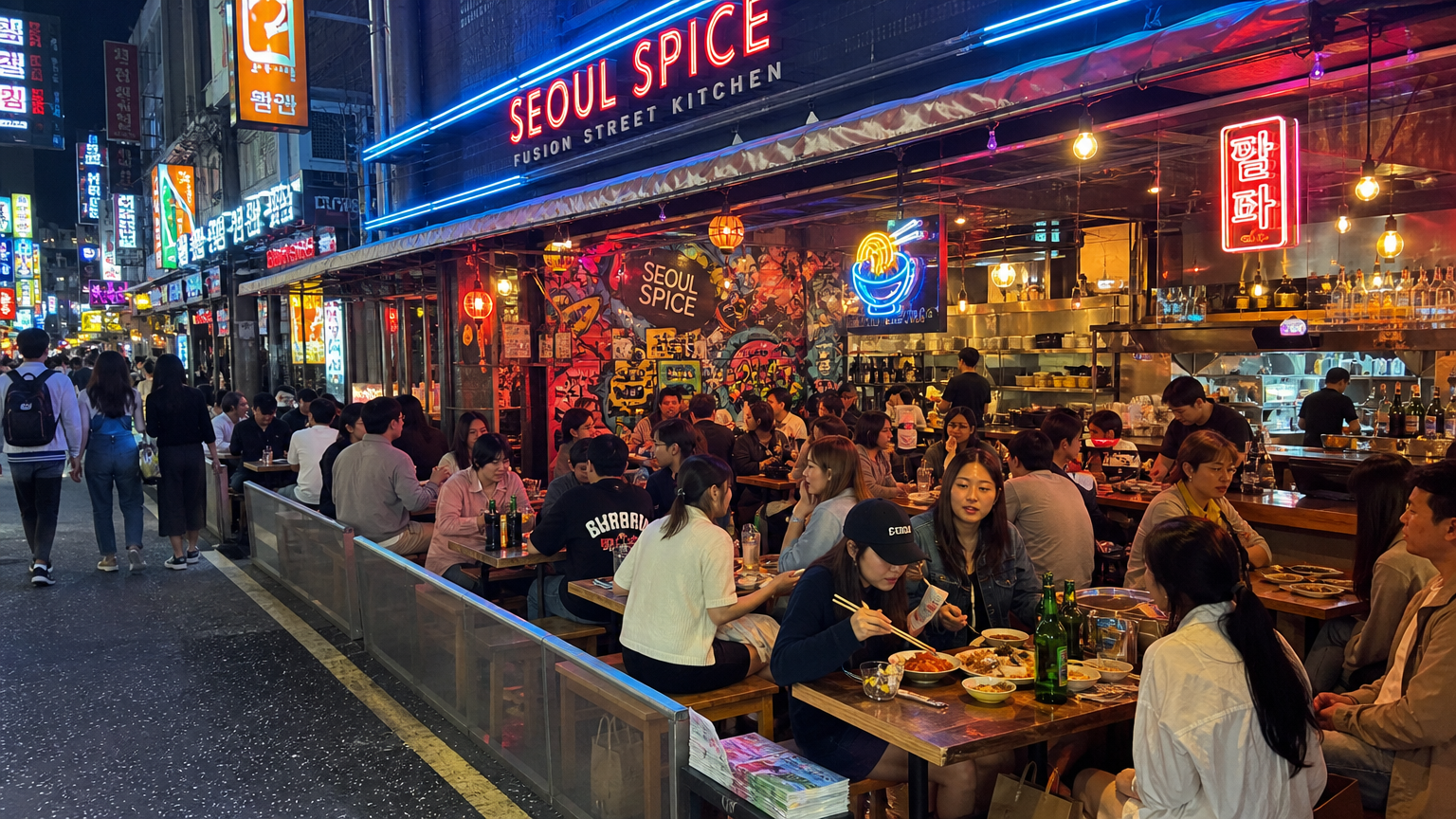 서울 시내 번화가에 위치한 활기찬 퓨전 스트릿 레스토랑과 그 안에서 음식을 즐기는 사람들