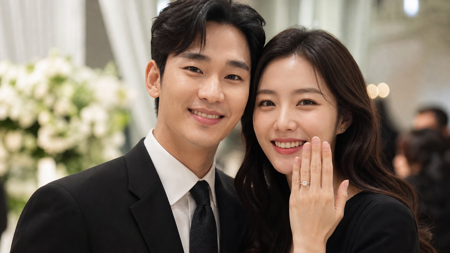현대적인 커플이 공식 행사에서 약혼을 발표하는 모습