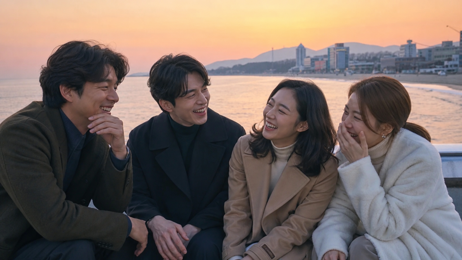 강릉 해안가에서 웃으며 추억을 나누는 주연 배우들
