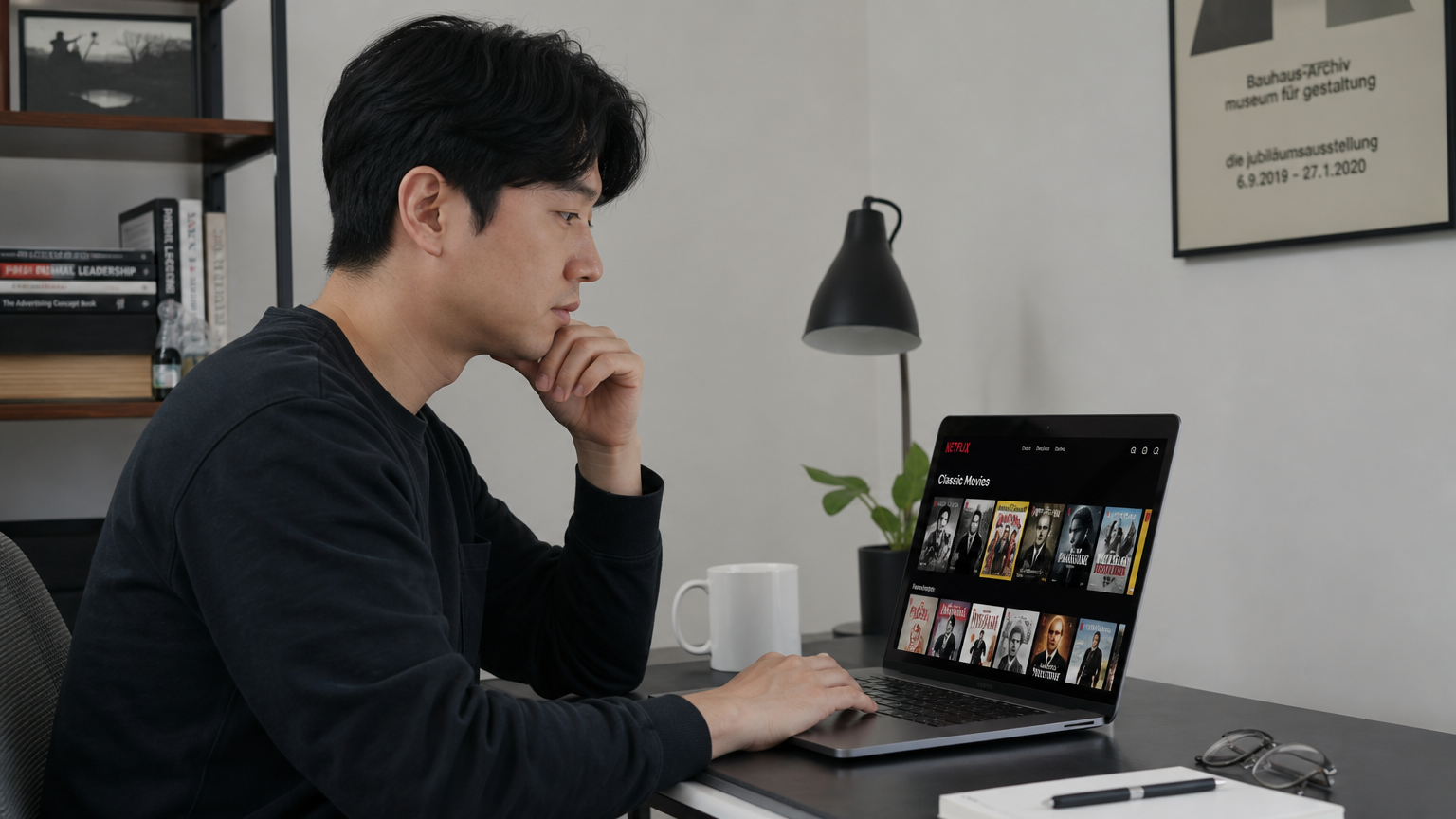 미니멀리스트 홈오피스에서 노트북으로 넷플릭스에서 고전 영화를 검색하는 한국 남성
