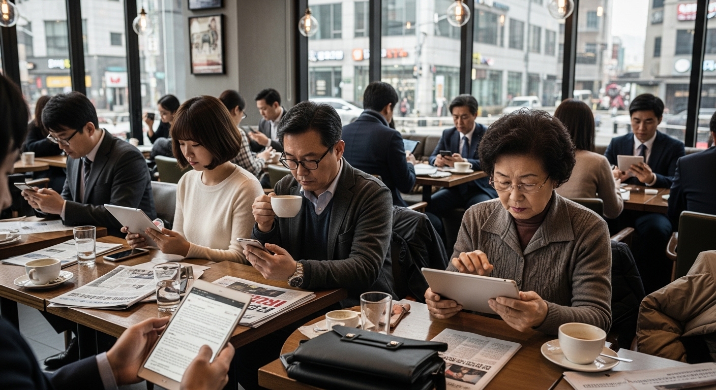현대적인 카페에서 스마트폰과 태블릿으로 뉴스를 읽으며 걱정스러운 표정을 짓는 다양한 연령대의 사람들 모습