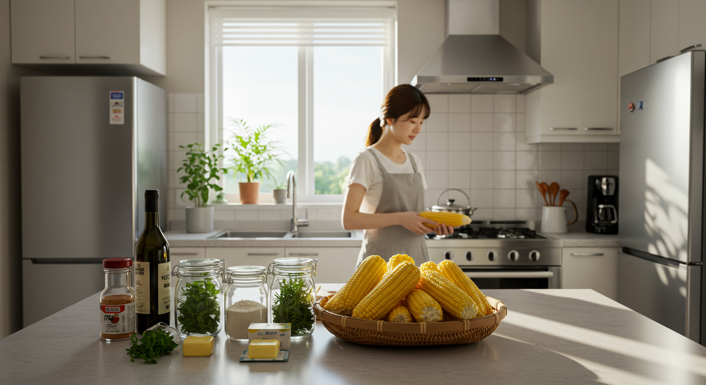 현대적인 주방에서 신선한 찰옥수수가 요리를 위해 준비된 모습