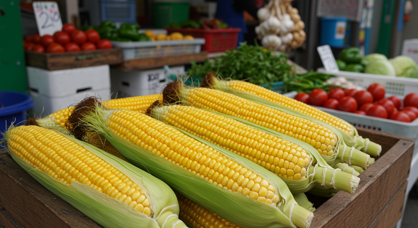 선명한 녹색 껍질과 알이 꽉 찬 신선한 옥수수가 시장에 진열된 모습