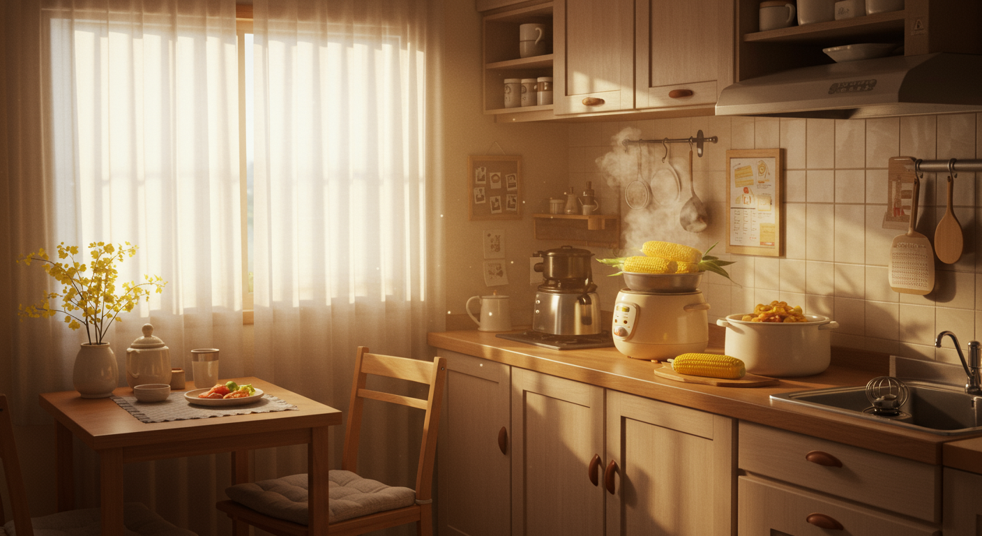 여름철 더위를 피하며 밥솥으로 옥수수를 쪄내는 한국 가정의 주방 모습