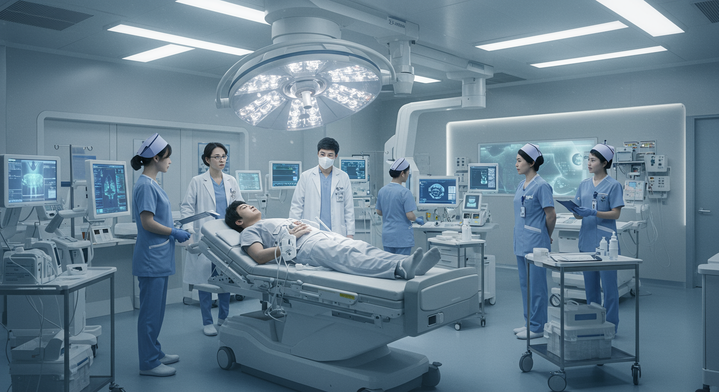 서울의 미래형 병원에서 첨단 기술을 사용하는 의료진과 함께 조혈모세포 이식을 받는 한국 환자