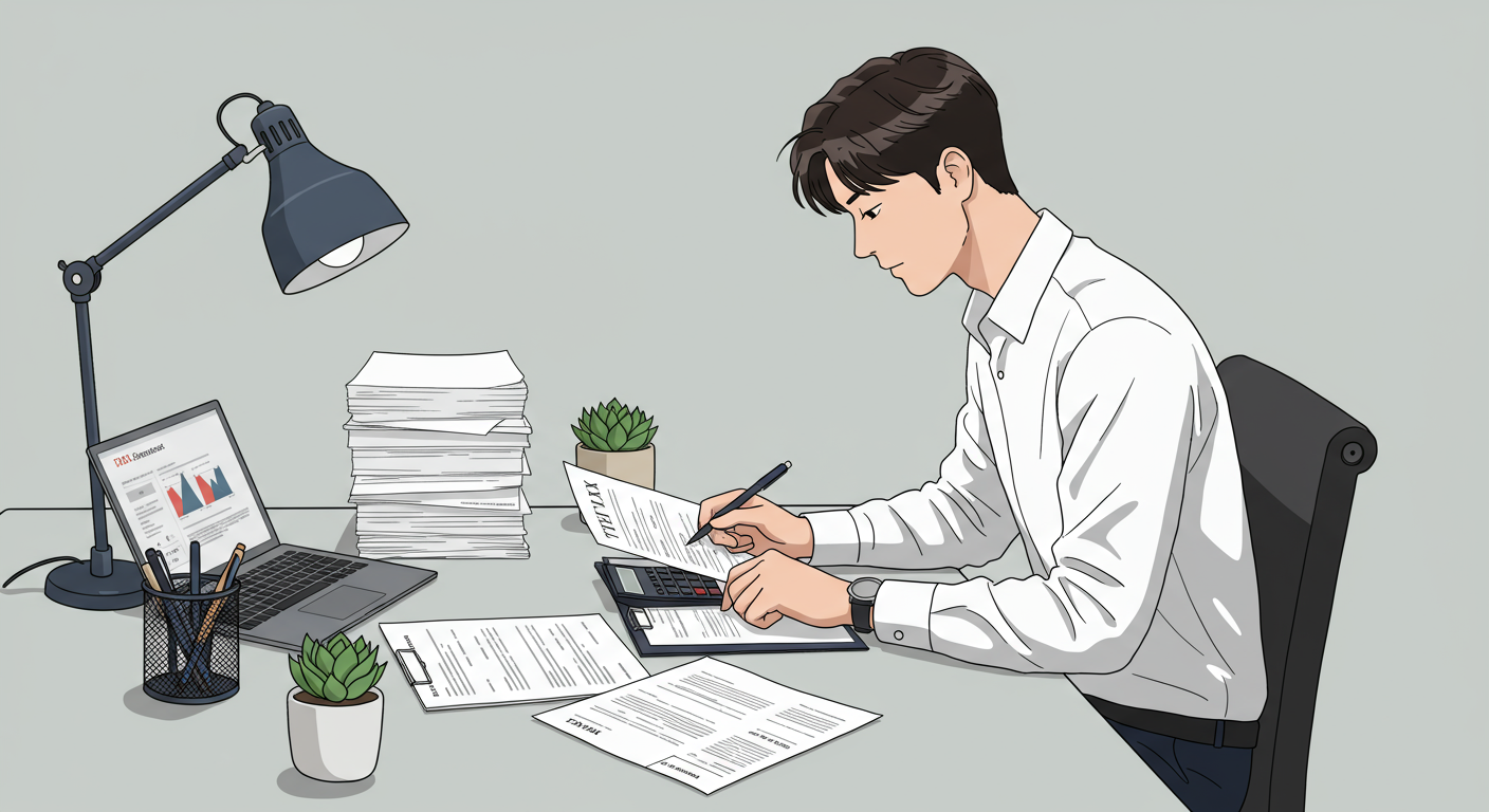 직장인이 책상에서 세금 서류와 계산기를 보며 집중하는 모습