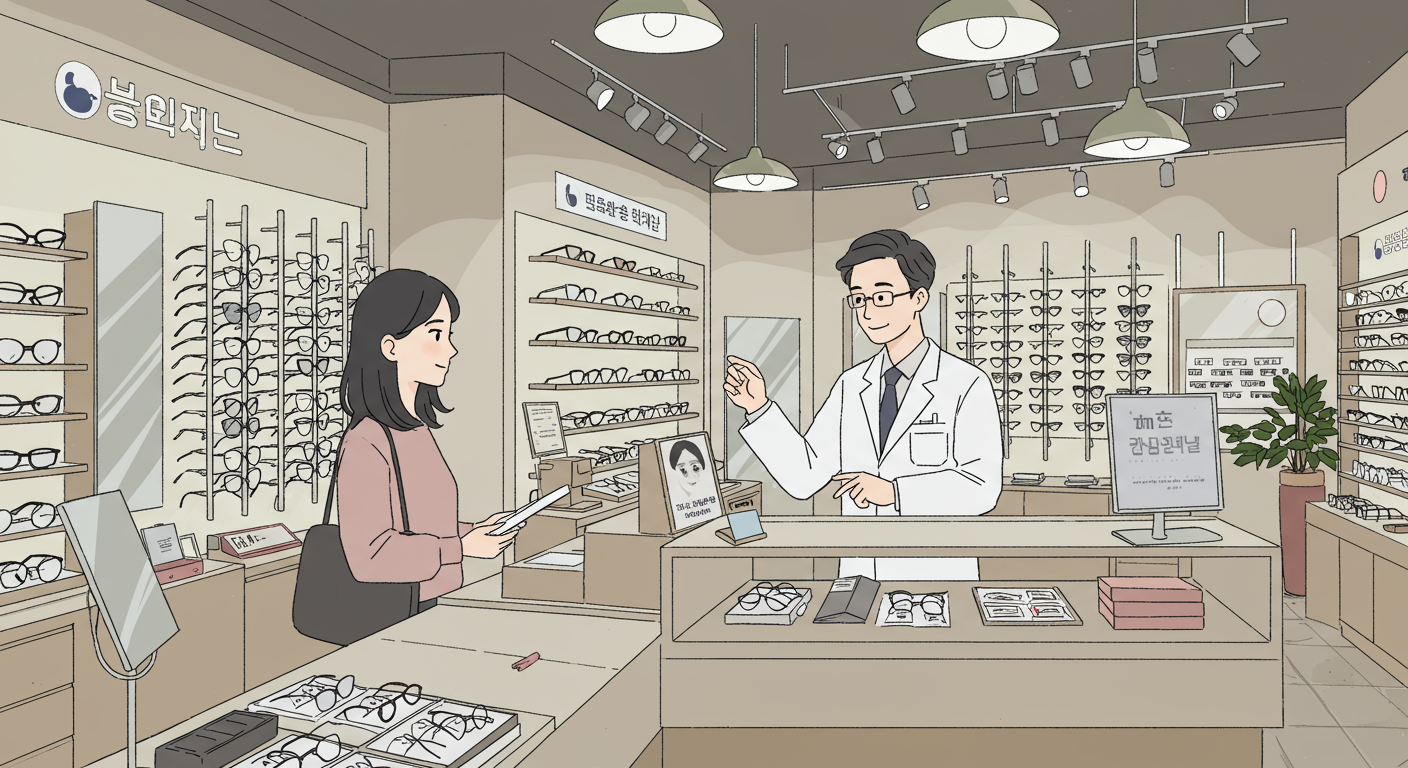 한국 안경원에서 고객이 상담받고 있는 장면