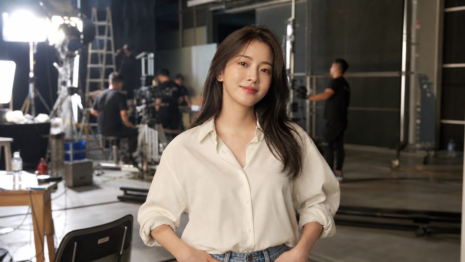 현대적인 배우가 영화 세트장에서 당당하게 서 있는 모습