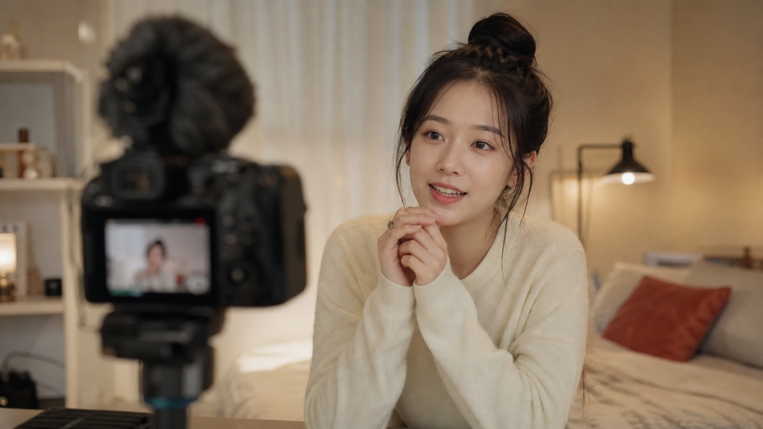 집에서 브이로그를 촬영 중인 여성의 편안한 분위기