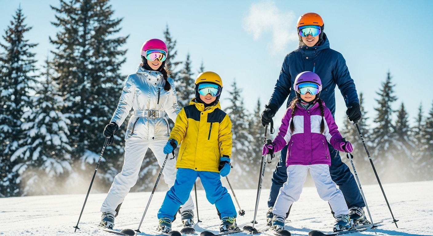 눈 덮인 산에서 현대적인 가족이 자외선 차단 고글을 착용하고 있는 모습