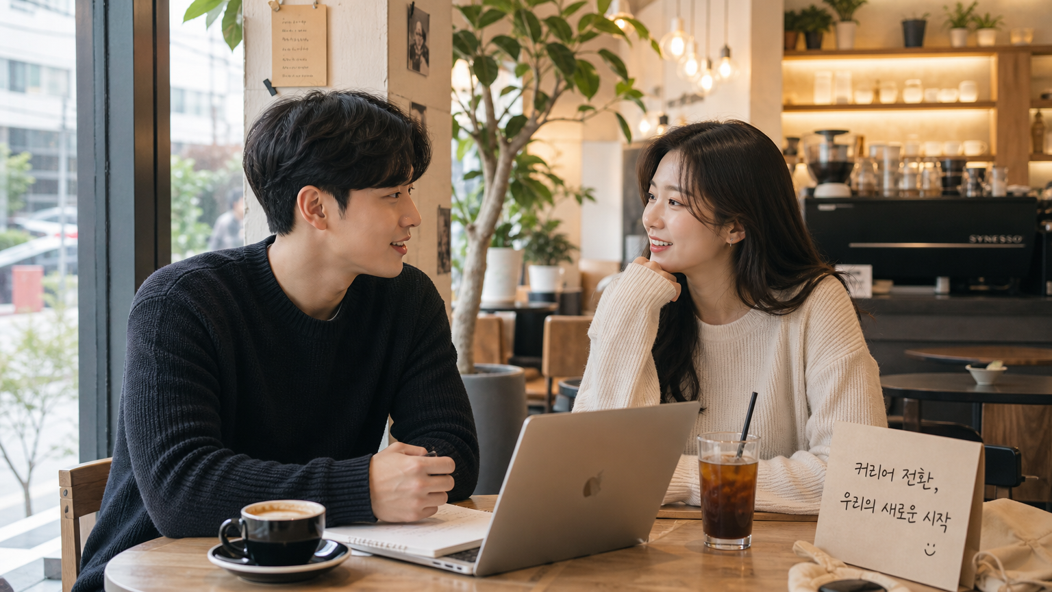 카페에서 커리어 변화를 논의하는 젊은 전문인들의 모습