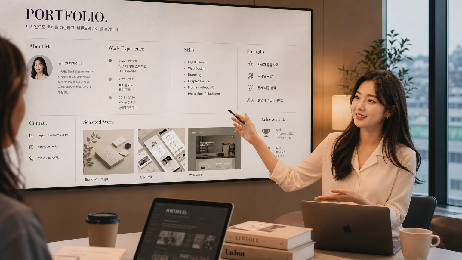세련된 회의실에서 포트폴리오 발표 중인 전문가