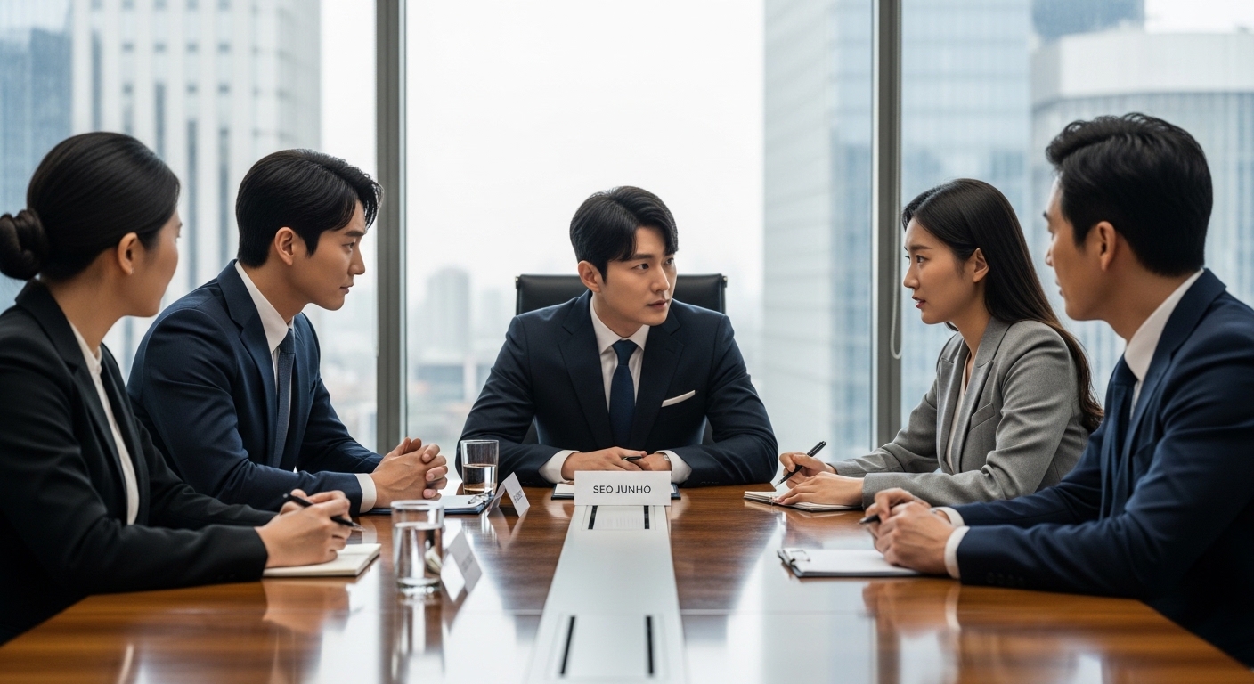 세련된 회의실에서 면접관들과 대면하여 진지한 표정으로 인터뷰에 임하는 한국 지원자들의 모습