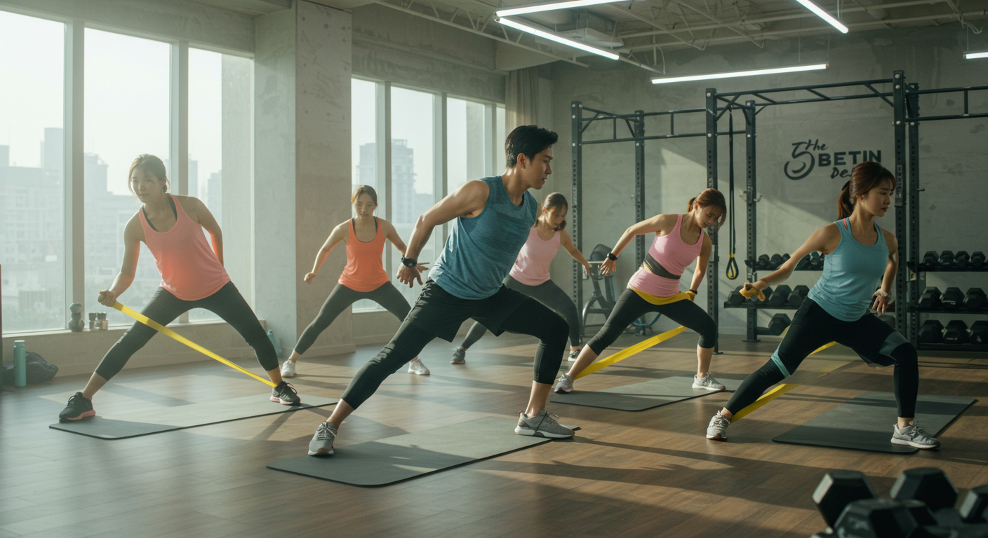 밝은 체육관에서 유연성과 관절 가동성을 위한 동적 스트레칭을 하는 모습