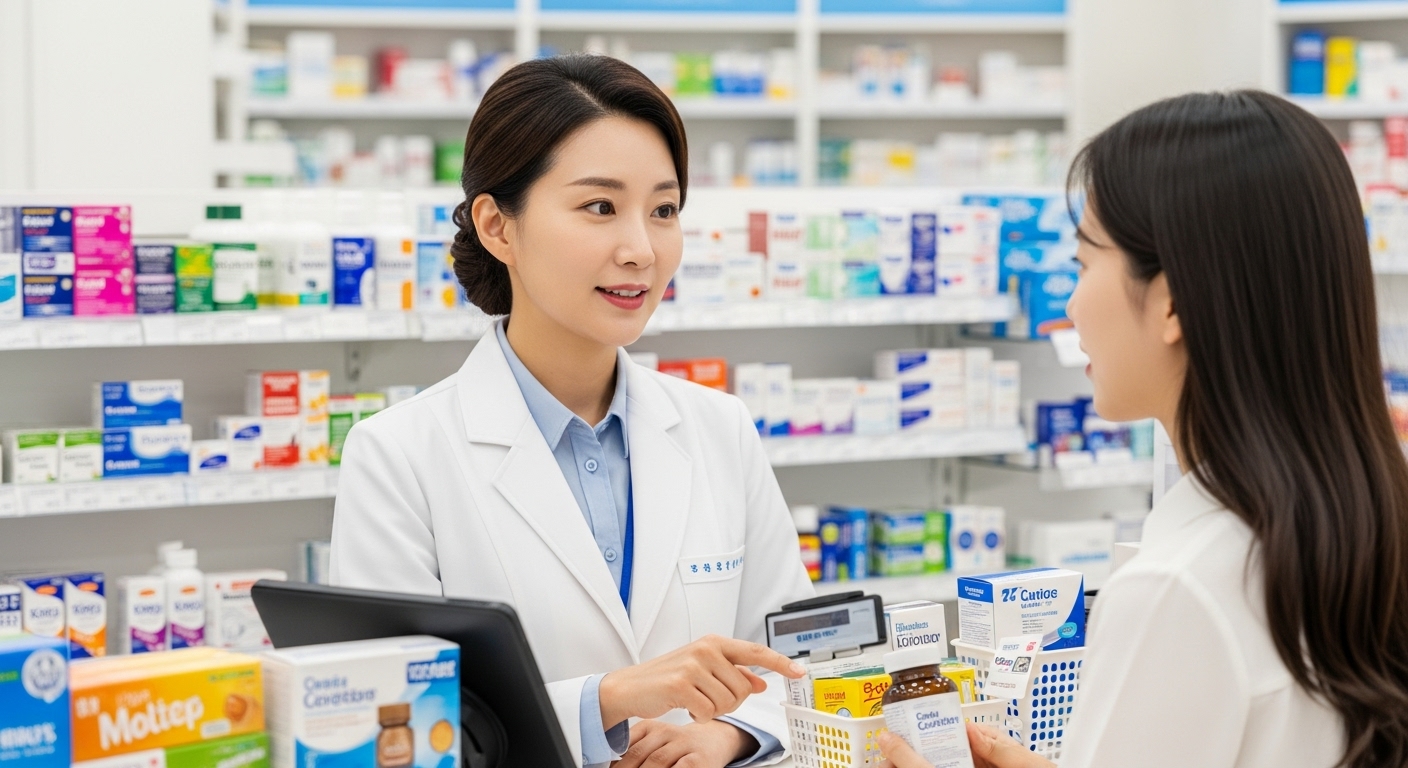약사가 고객에게 특정 약물 및 보충제를 혼합하지 말라고 권장하는 장면