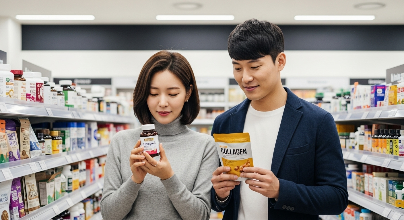 건강식품 매장에서 오메가3와 콜라겐을 고르는 커플
