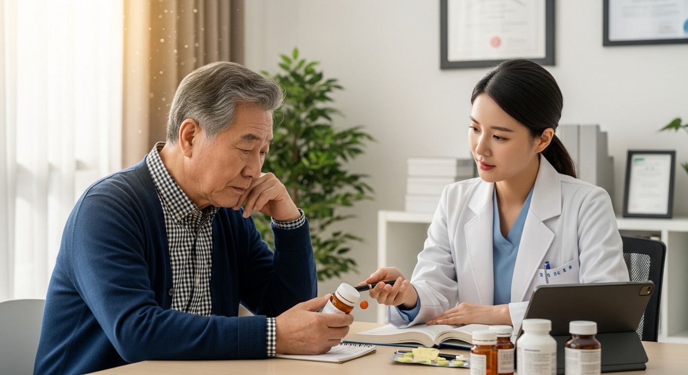 병원에서 의사와 약물 상호작용에 대해 상담하는 노인의 모습
