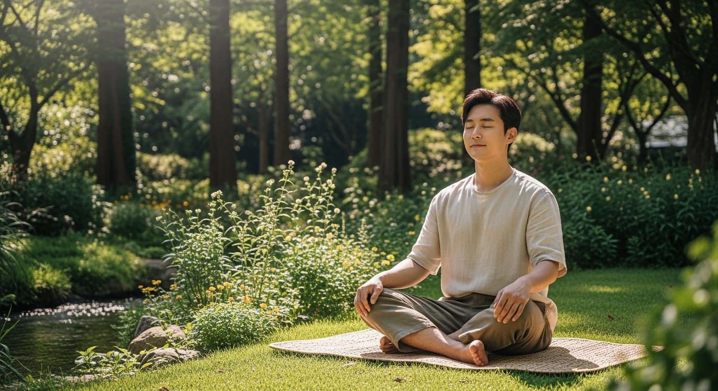 정원에서 접지 효과를 체험하는 남성