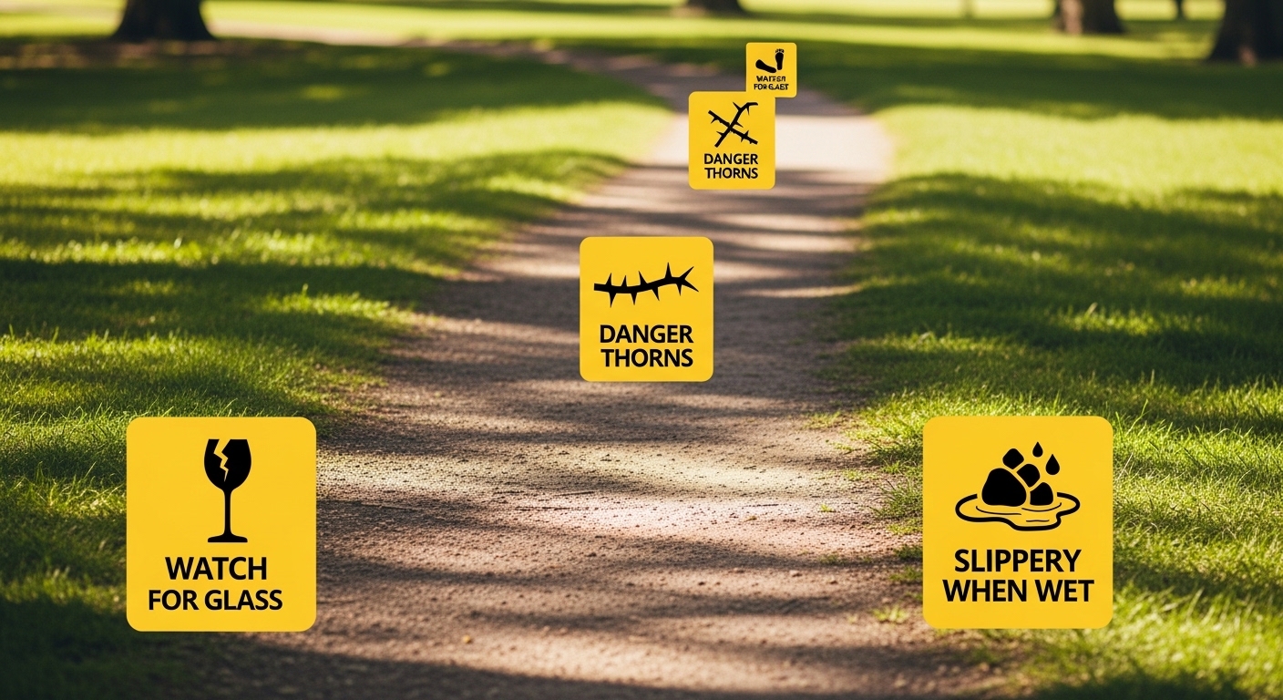 공원의 안전 경고 표지판과 길 안내