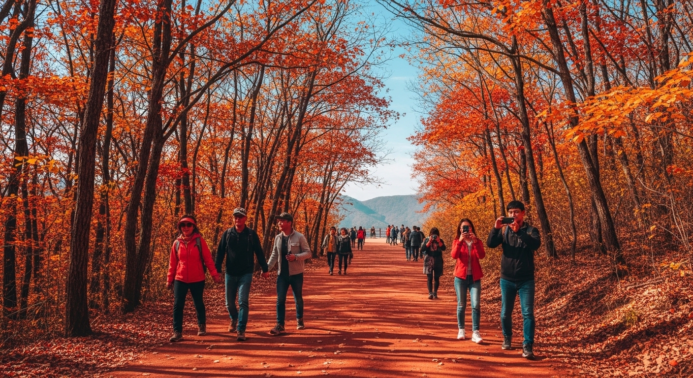 가을 풍경 속 계족산 황톳길을 걸으며 즐기는 방문객들
