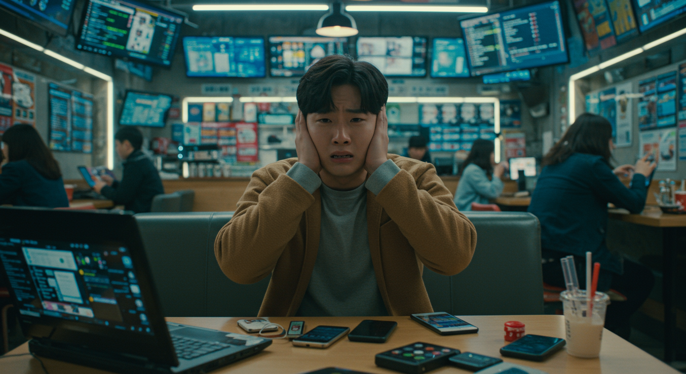 서울 카페에서 디지털 기기들에 둘러싸여 정보 과부하에 빠진 현대 남성의 모습