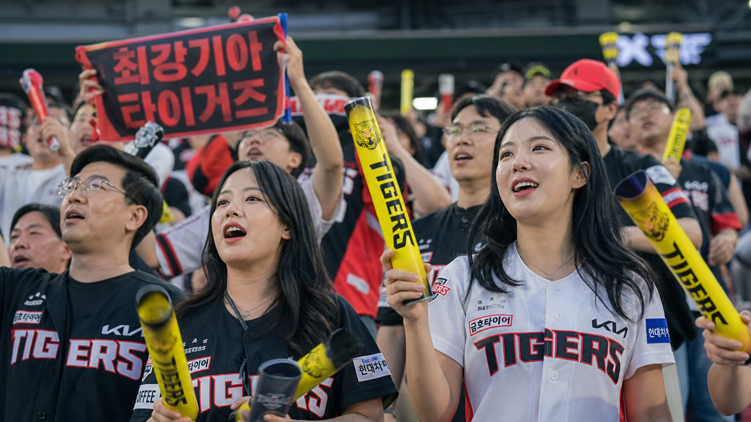 현대적인 한국 야구팬들이 경기장에서 팀을 응원하는 모습