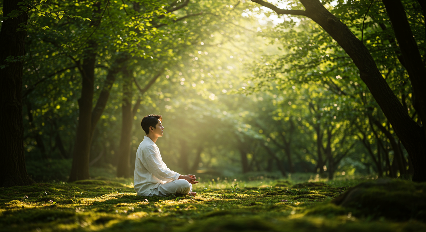 고요한 숲 속에서 명상하는 남성, 부드러운 햇살이 나무 사이로 비치는 장면