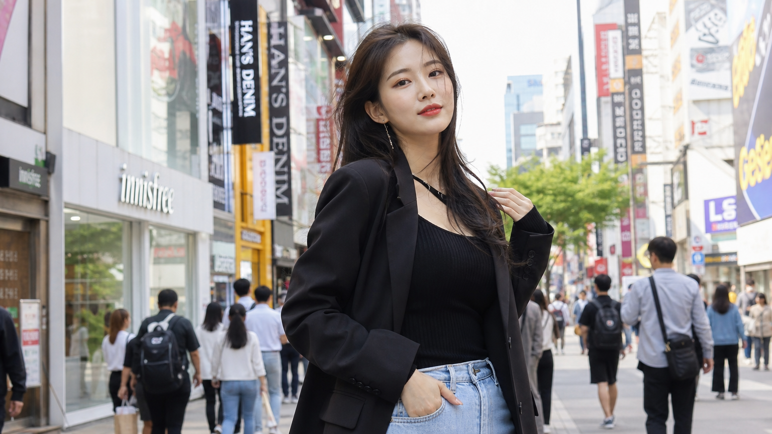 도심 속에서 패셔너블한 옷을 입고 자신감 있게 포즈를 취하는 현대 여성의 모습