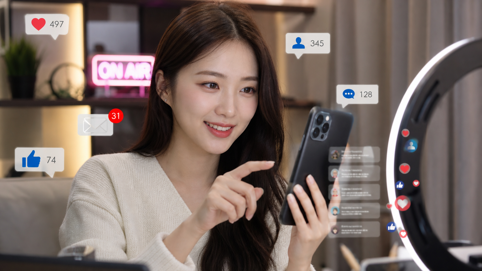 스마트폰으로 팔로워들과 소통하는 모습을 보여주는 한국 여성