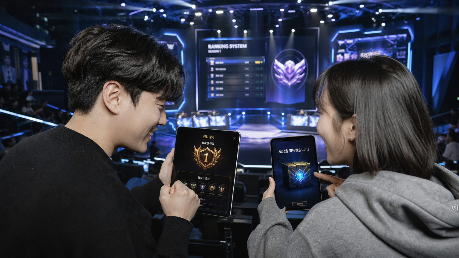 e스포츠 아레나에서 디지털 기기를 통해 랭킹 시스템을 확인하는 젊은 성인들의 모습