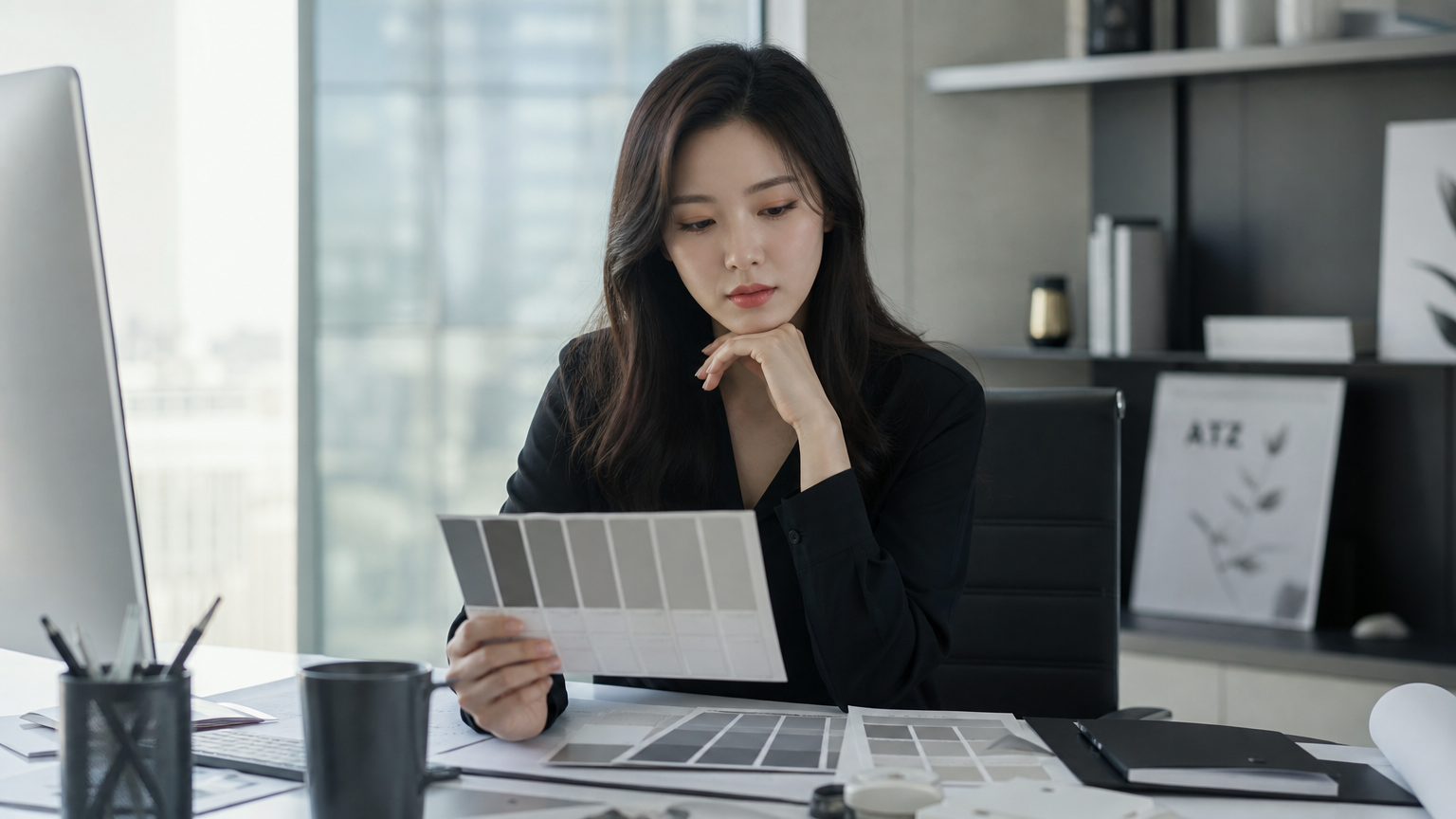 현대적인 사무실에서 다양한 회색 조합을 고민하는 여성의 모습