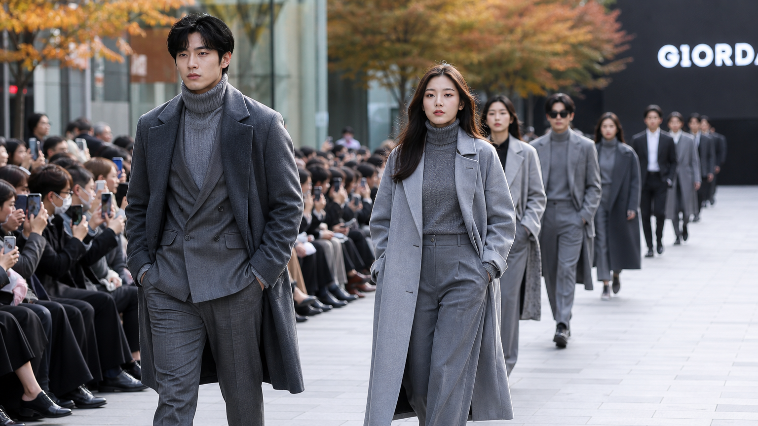 가을/겨울 시즌 도시 거리 런웨이 쇼에서 세련된 회색 테마 의상을 입고 있는 한국인들의 모습