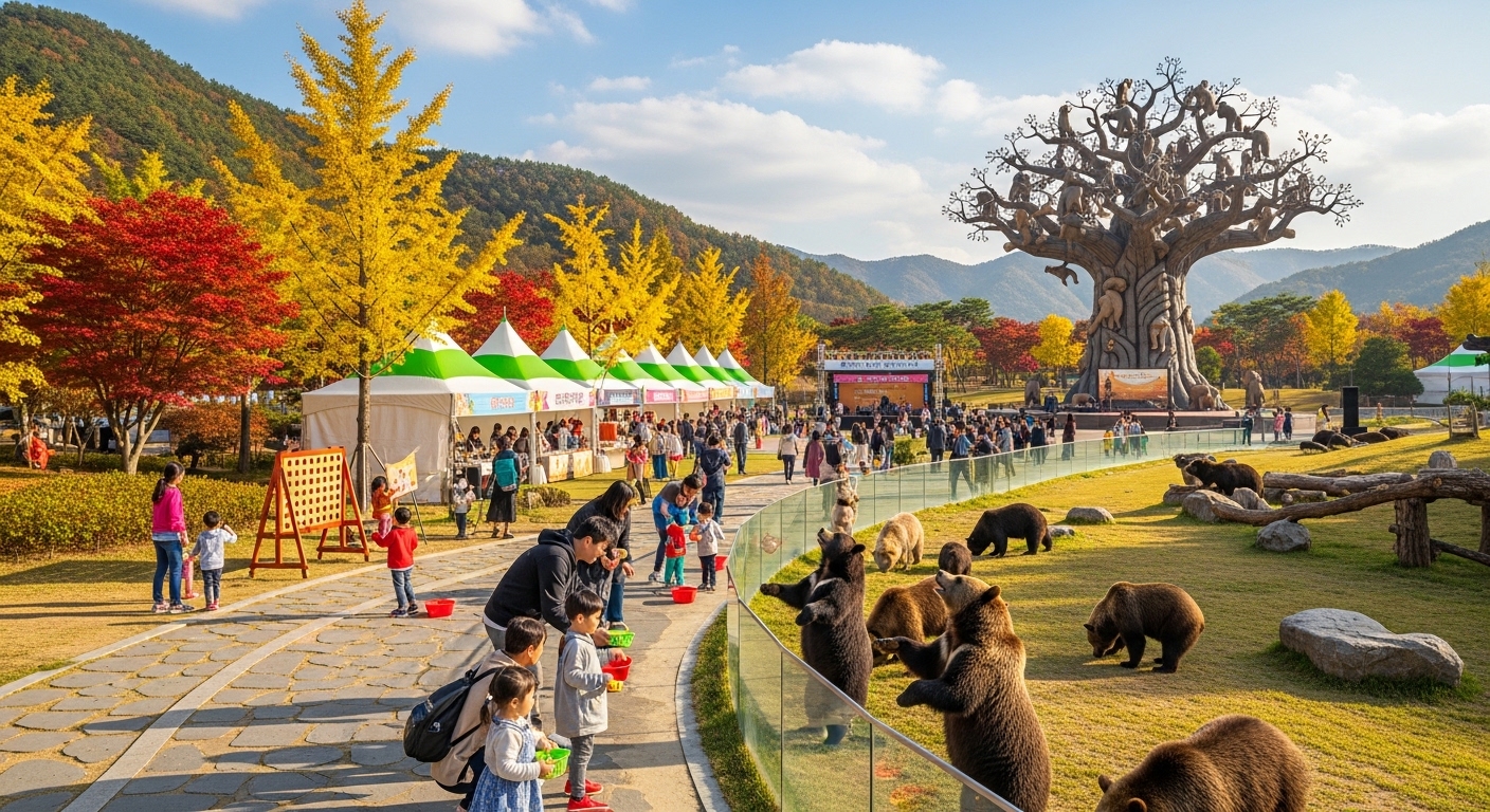 가족이 반달곰에게 먹이를 주며 계절 축제를 즐기는 모습