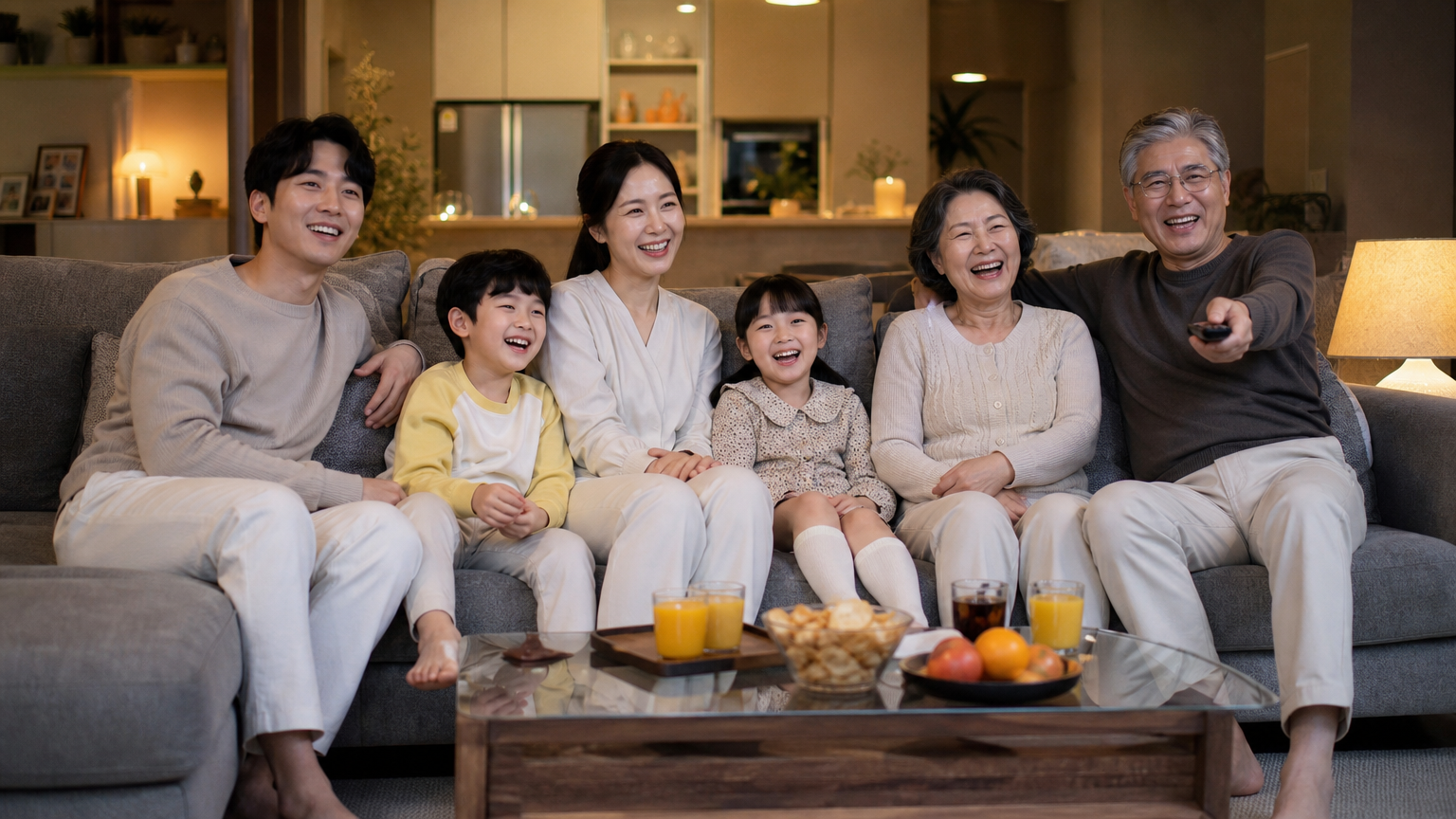주말 저녁에 가족이 거실에서 함께 TV를 시청하는 따뜻한 분위기