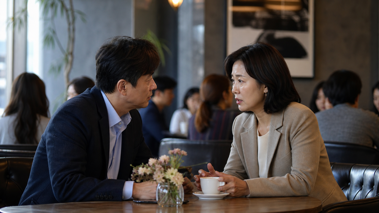 카페에서 감정적인 대화를 나누는 중년 남성과 여성