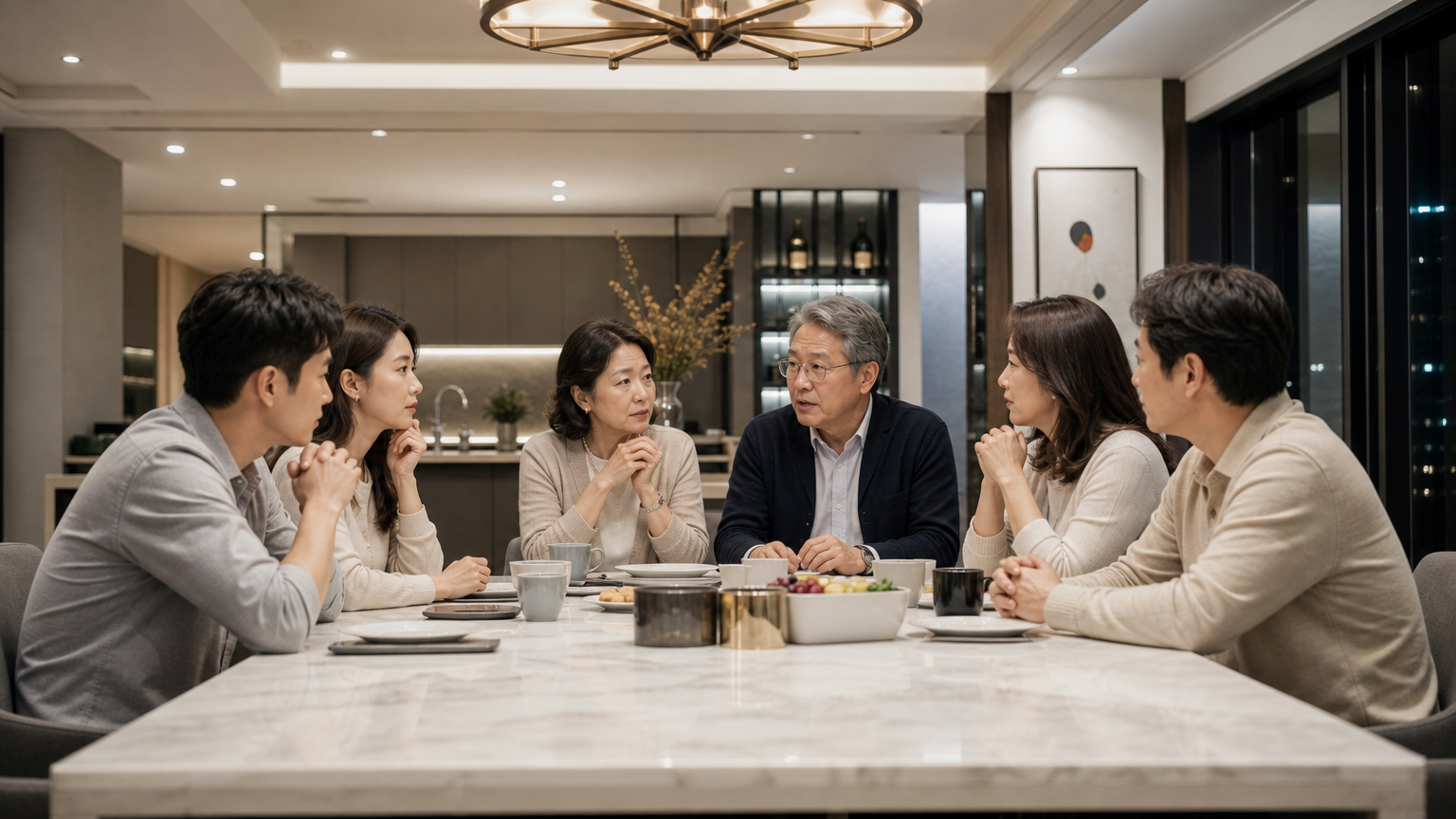 다양한 연령대의 세 커플이 현대식 아파트 식탁에서 진지하게 대화하는 모습