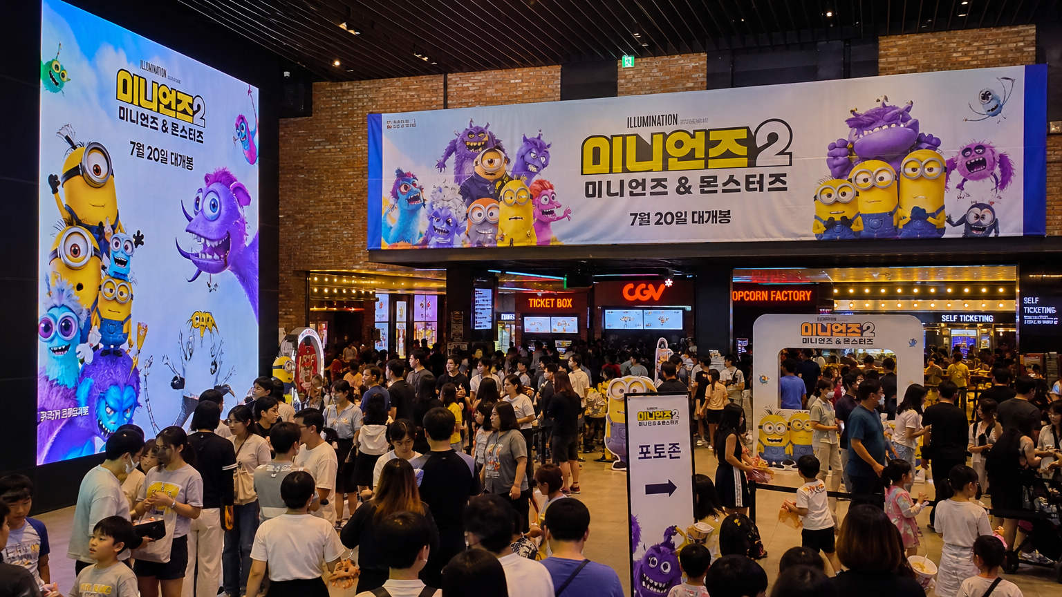 한국 영화관에서 '미니언즈 & 몬스터즈' 개봉을 맞아 사람들이 모여 있는 활기찬 장면